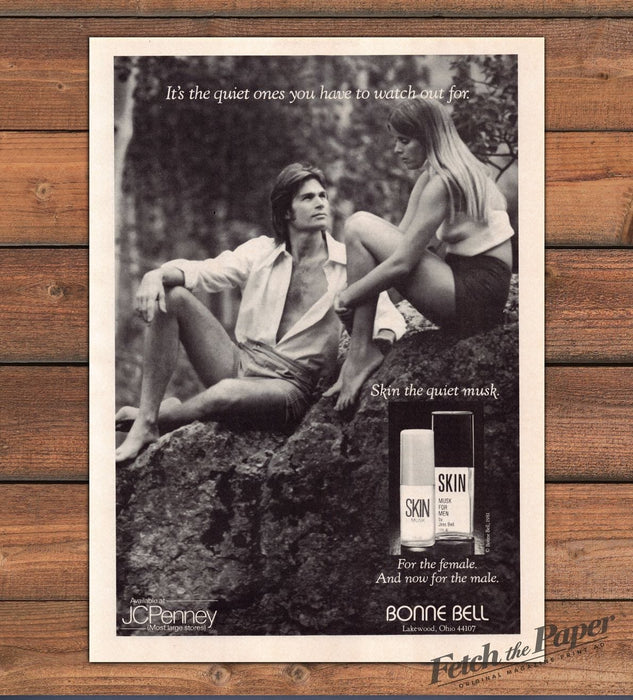 Bonne Bell Skin Musk Fragrance Quiet Ones Shirtless Couple Print Ad 1981 1980s