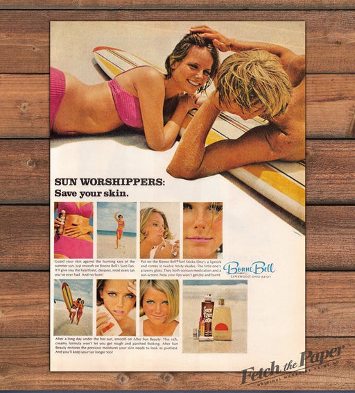 Bonne Bell Sun Worshippers Suntan Lotion Surfboard Couple Print Ad 1968 1960s