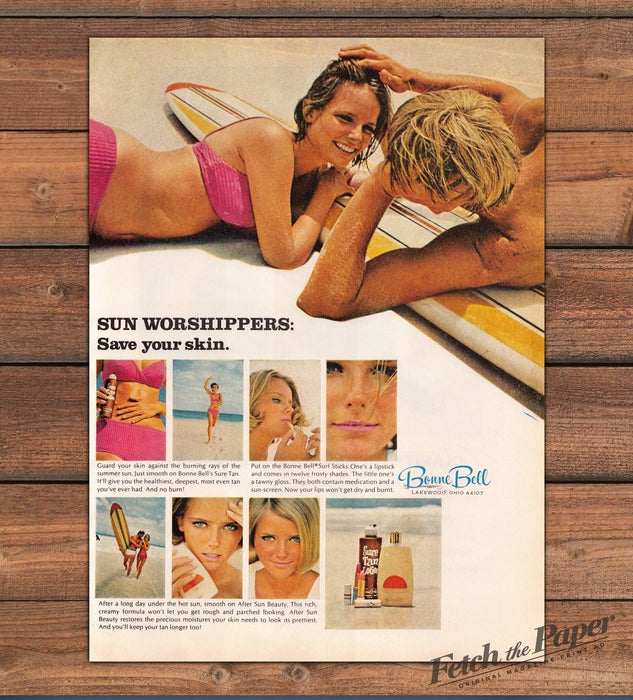 Bonne Bell Sun Worshippers Suntan Lotion Surfboard Couple Print Ad 1968 1960s