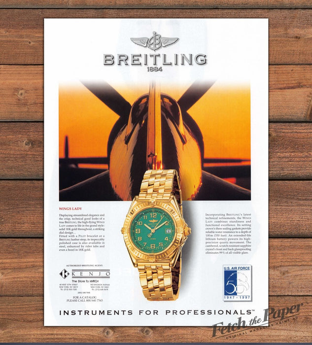 Breitling Wings Lady Gold Watch Green Dial Pilot Plane Print Ad 1997 1990s