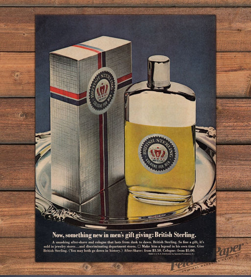 British Sterling Cologne for Men After Shave Silver Tray Print Ad 1965 1960s