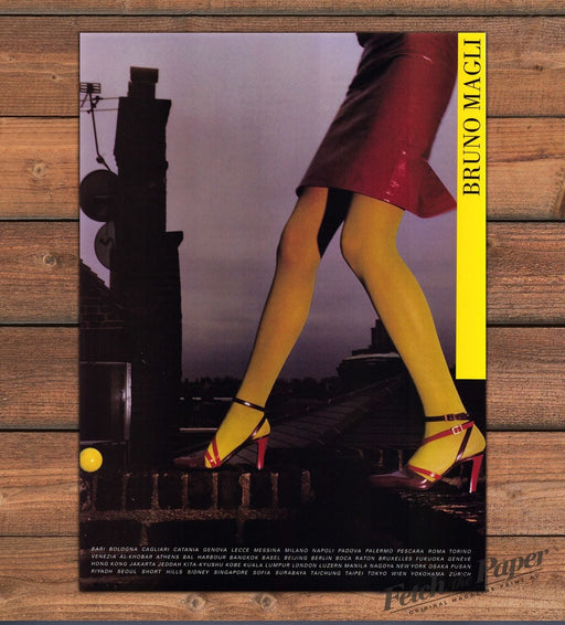 Bruno Magli Red Strappy Heels Yellow Tights Rooftop Print Ad 1997 1990s