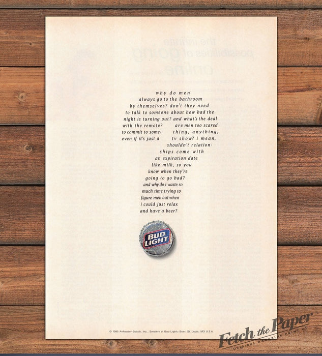 Bud Light Beer Witty Humor "Relax and Have a Beer" Print Ad 1995 1990s