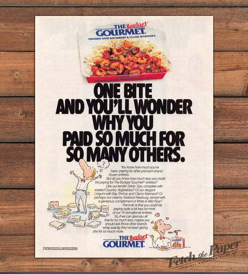Budget Gourmet Linguini Shrimp Frozen Dinner Cartoon Print Ad 1987 1980s