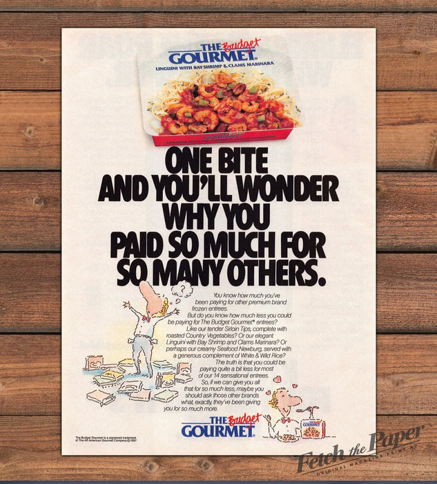 Budget Gourmet Linguini Shrimp Frozen Dinner Cartoon Print Ad 1987 1980s
