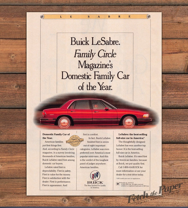 Buick LeSabre Red Sedan Family Circle Car of the Year Print Ad 1993 1990s