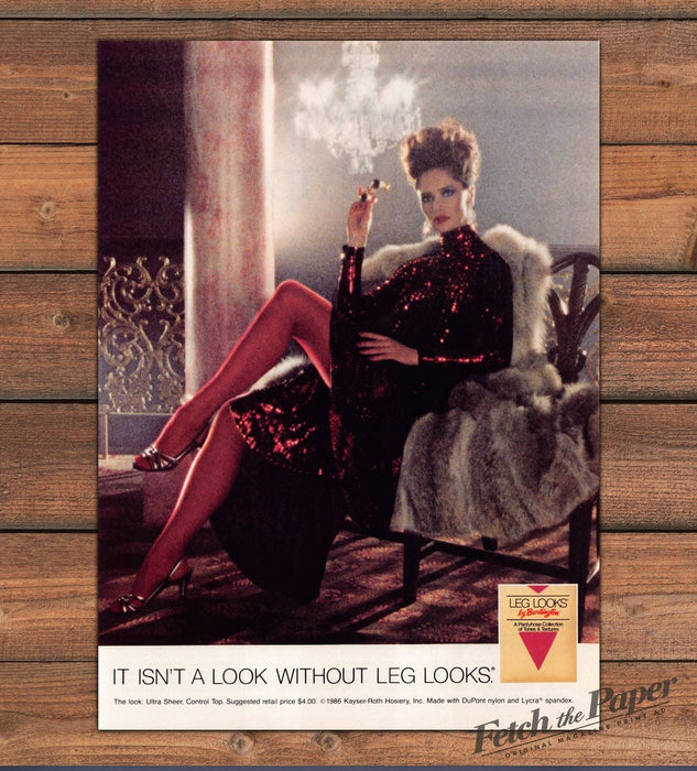 Burlington Leg Looks Pantyhose Red Sequin Dress Chandelier Print Ad 1986 1980s