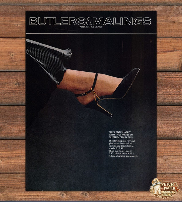 Butlers Malings Shoe Store Black Heel Chain Trim Leg Print Ad 1979 1970s