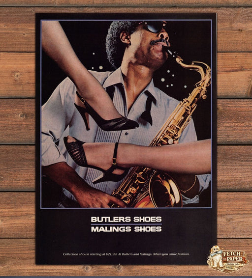 Butlers Malings Shoes 1980s Print Ad 1981 Saxophone Player Legs Kicking