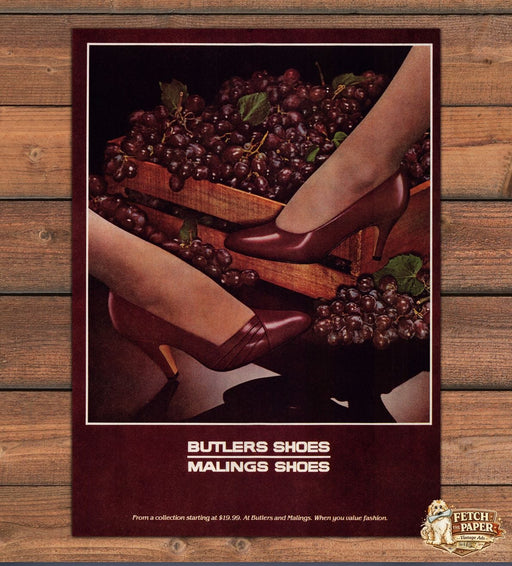 Butlers Malings Shoes 1980s Print Advertisement Ad 1980 Grapes Legs Feet