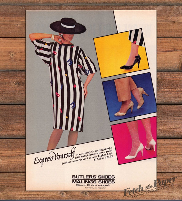 Butlers Malings Shoes Express Yourself Striped Dress Pumps Print Ad 1985 1980s