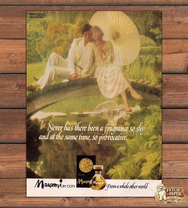 Masumi by Coty Parasol Garden Bridge Couple Kimono Print Ad 1978 1970s