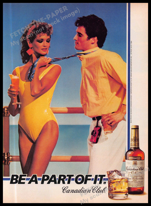 Canadian Club Sexy Girl in Yellow Swimsuit 1980s Print Advertisement Ad 1984