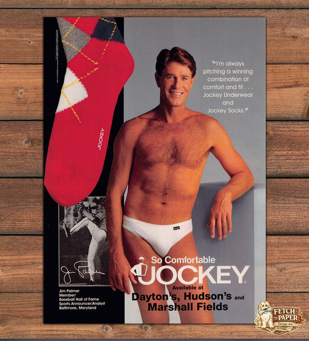 Jockey Jim Palmer Hall of Fame Bare Chest Underwear Socks Print Ad 1991 1990s