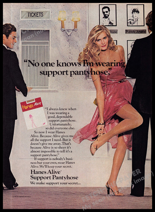 Hanes Alive Gentlemen Prefer Ticket Counter Legs 1980s Magazine Print Ad 1981