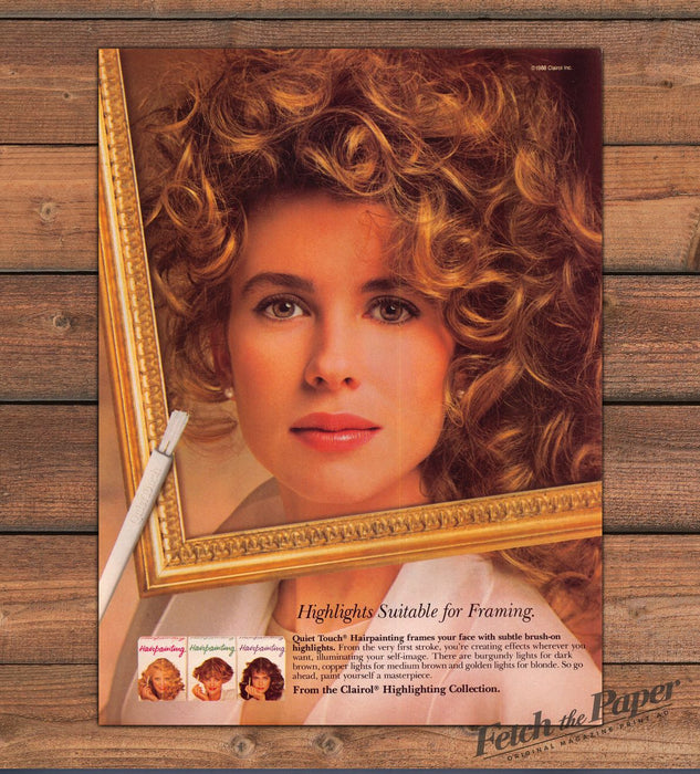 Clairol Quiet Touch Hairpainting Curly Big Hair Gold Frame Print Ad 1988 1980s