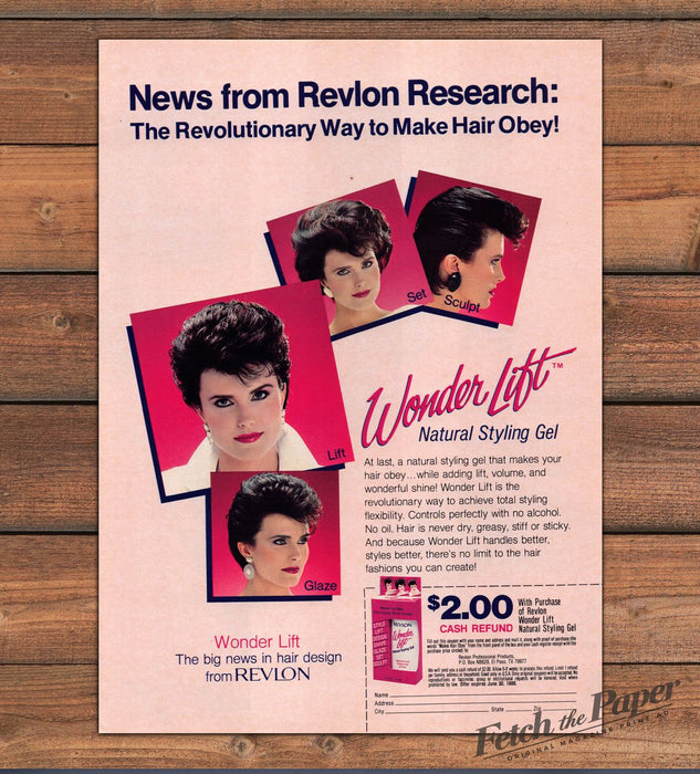 Revlon Wonder Lift Natural Styling Gel Big Hair Models Print Ad 1985 1980s