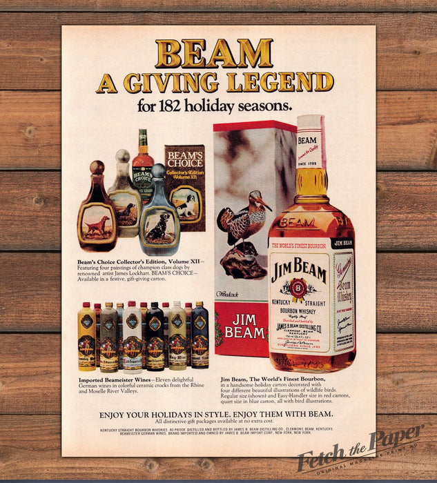 Jim Beam Bourbon Giving Legend Holiday Woodcock Gift Box Print Ad 1977 1970s