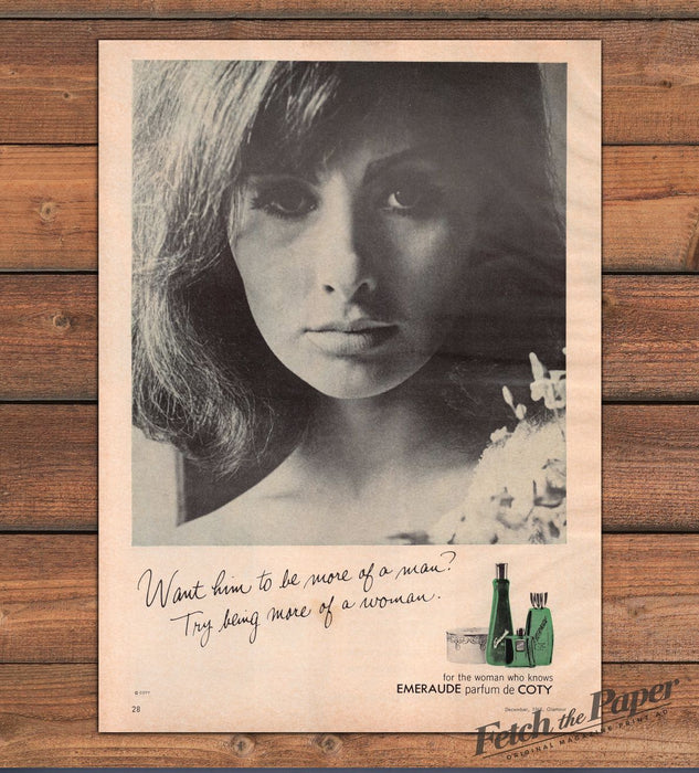 Coty Emeraude Parfum Woman Portrait Want Him More of a Man Print Ad 1965 1960s