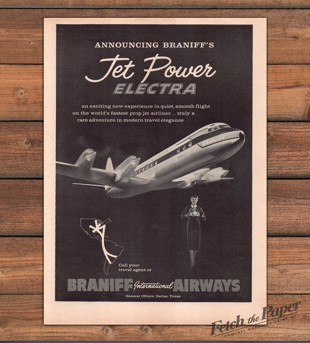 Braniff International Airways Jet Power Electra Stewardess Print Ad 1959 1950s