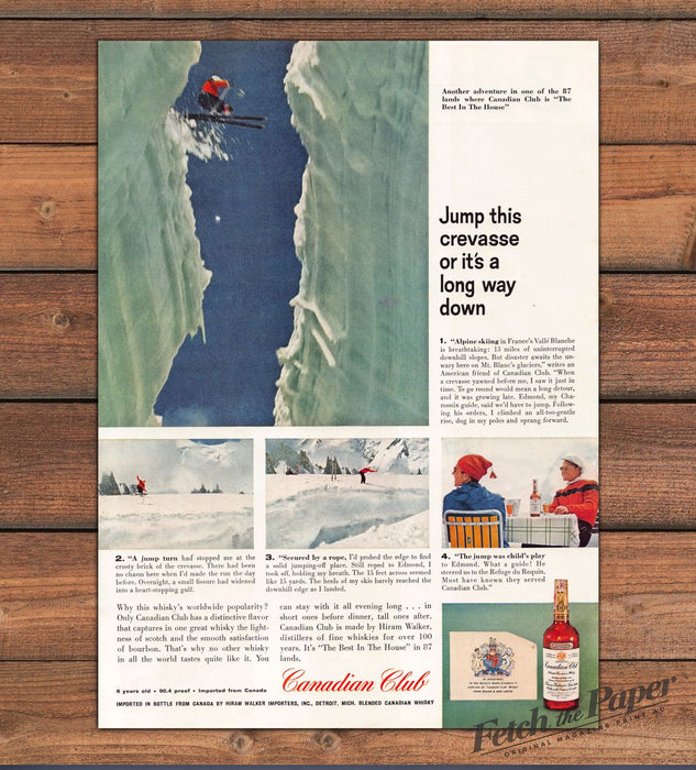 Canadian Club Whisky Jump This Crevasse Alpine Skiing Print Ad 1959 1950s