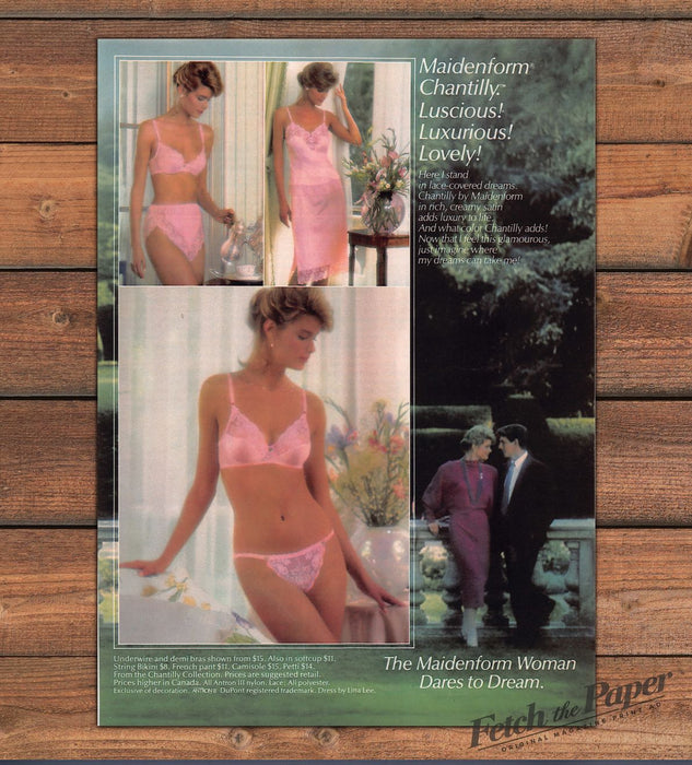Maidenform Chantilly Pink Lace Bra String Bikini Lingerie Print Ad 1985 1980s