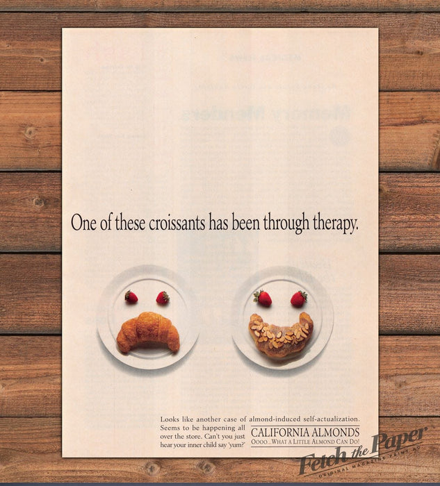 California Almonds Smiley Croissant Strawberry Eyes Snack Print Ad 1993 1990s