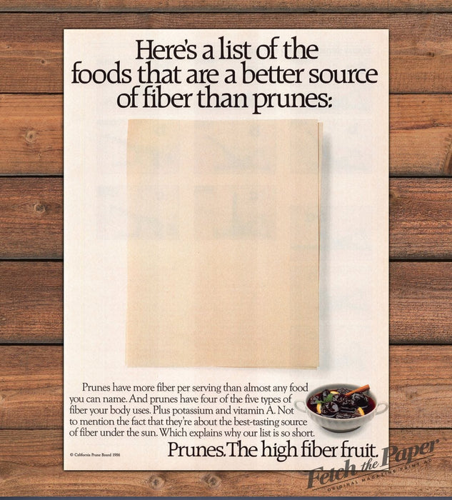 California Prune Board Prunes High Fiber Fruit Blank List Print Ad 1987 1980s