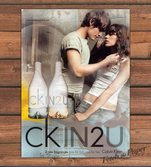 Calvin Klein CK IN2U Fragrance Couple Embrace Bottles Print Ad 2007 2000s