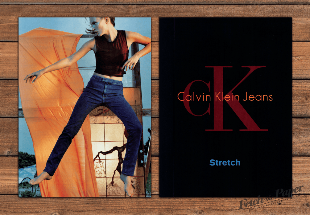 Calvin Klein Jeans Stretch Model Orange Fabric Print Ad 1997 1990s (2pgs)