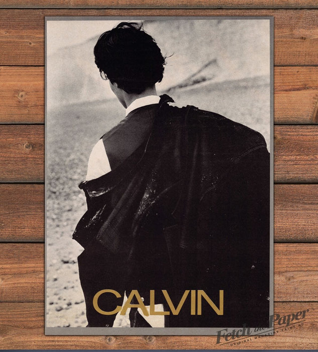 Calvin Klein Man Back Dark Jacket Over Shoulder Beach Print Ad 1985 1980s