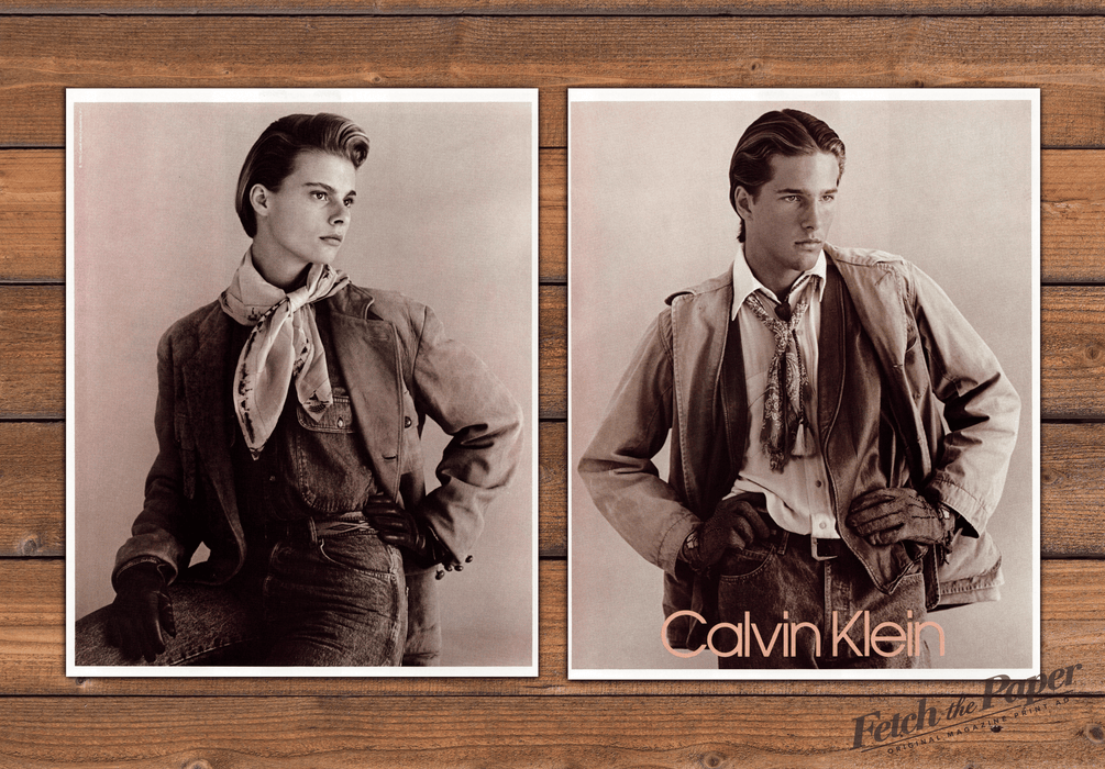 Calvin Klein Western Chic Couple Rugged Cool Jeans Print Ad 1986 1980s (2pgs)