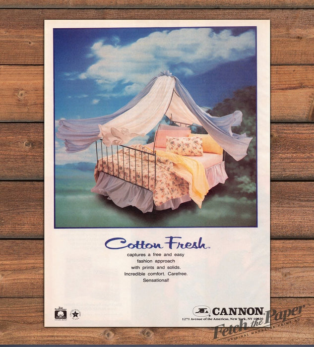 Cannon Cotton Fresh Sheets Canopy Iron Bed Floral Print Ad 1987 1980s