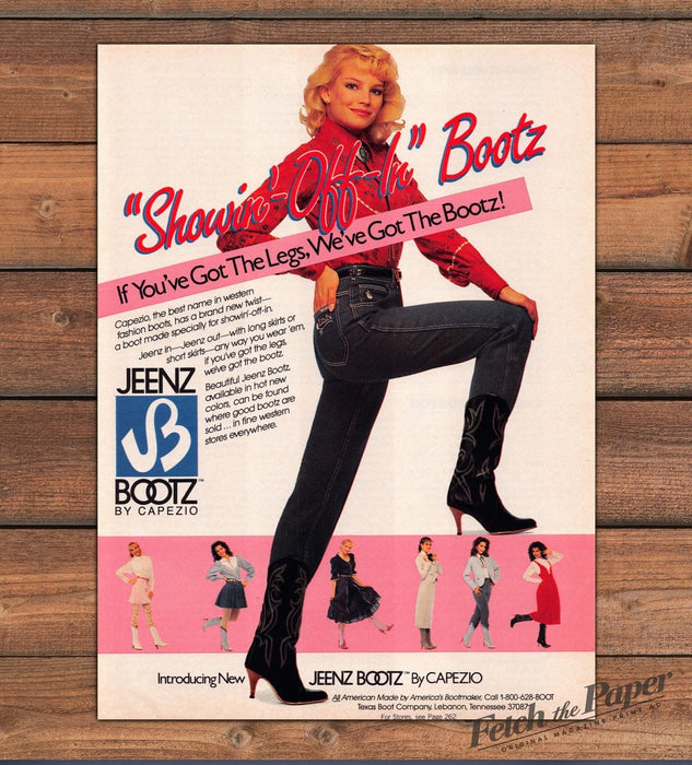 Capezio Jeenz Bootz Blonde Big Hair Red Western Shirt Legs Print Ad 1985 1980s