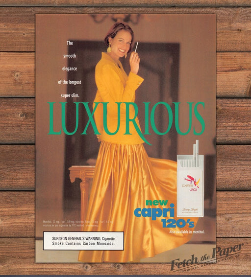 Capri 120's Cigarettes Luxurious Yellow Jacket Gold Skirt Print Ad 1993 1990s
