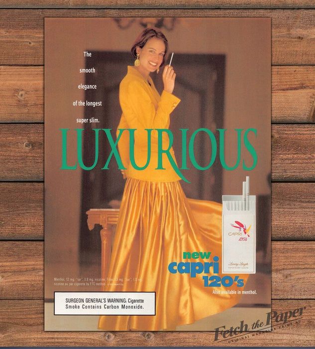 Capri 120's Cigarettes Luxurious Yellow Jacket Gold Skirt Print Ad 1993 1990s