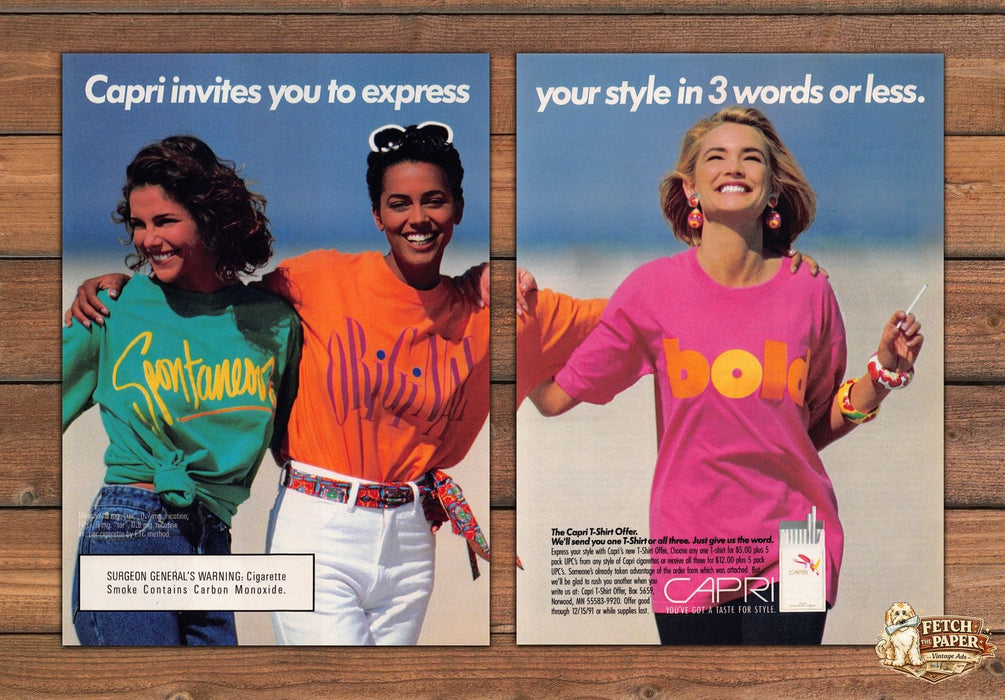 Capri Cigarettes Express Your Style 3 Words T-Shirts Print Ad 1991 1990s (2 pg)