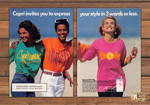 Capri Cigarettes Express Your Style 3 Words T-Shirts Print Ad 1991 1990s (2 pg)