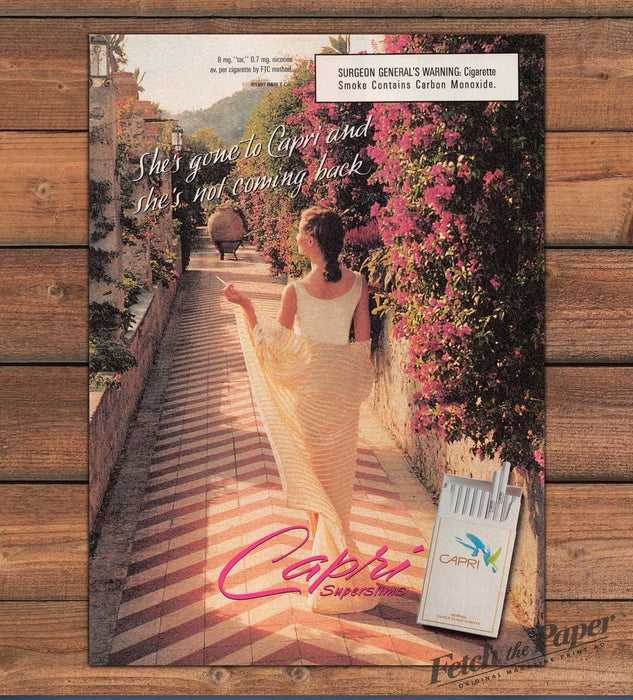 Capri Superslims Cigarettes She's Gone to Capri Woman Garden Print Ad 1997 1990s