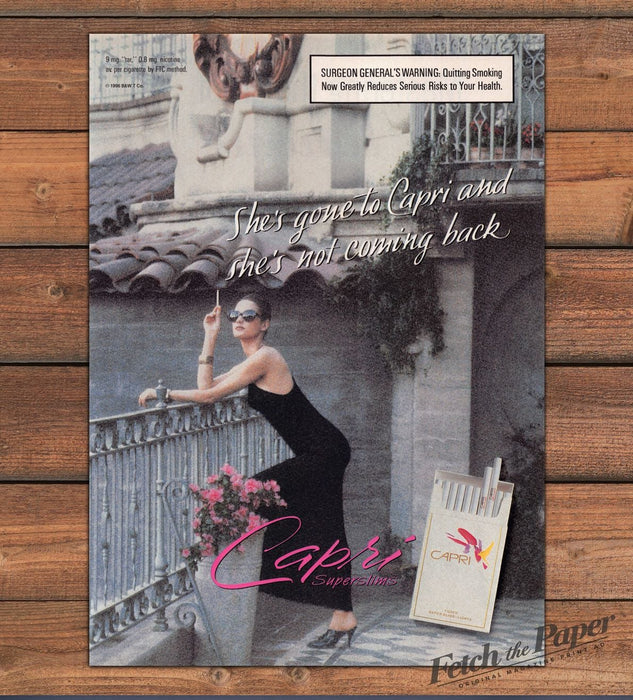 Capri Superslims "She's Gone To Capri" Woman Black Dress Print Ad 1996 1990s