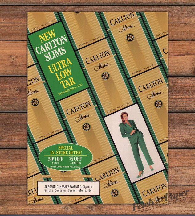 Carlton Slims Ultra Low Tar Green Pantsuit Woman Menthol Print Ad 1993 1990s