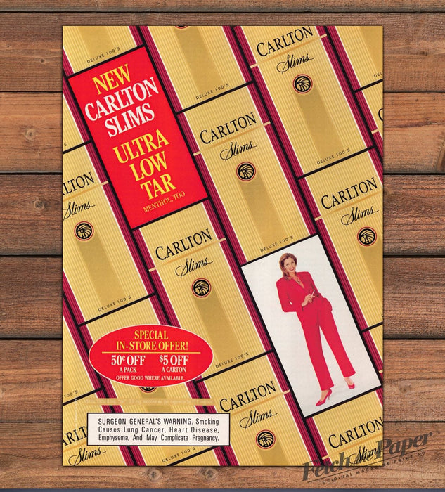 Carlton Slims Ultra Low Tar Red Pantsuit Woman Menthol Print Ad 1993 1990s