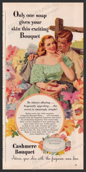 Cashmere Bouquet Soap Skin 1940s Print Advertisement Ad 1948 Couple Fence Flower Fetch-the-Paper