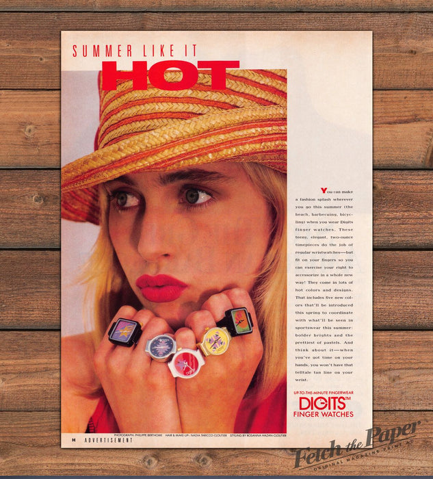 Digits Finger Watches Summer Like It Hot Straw Hat Red Lips Print Ad 1988 1980s