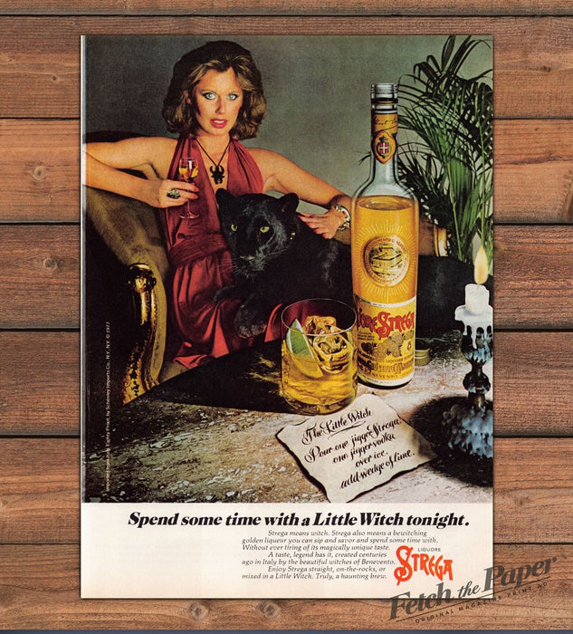 Strega Liqueur Black Panther Little Witch Woman Red Gown Print Ad 1977 1970s