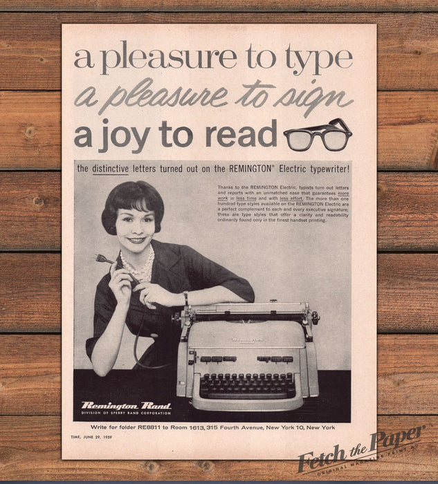 Remington Rand Electric Typewriter Smiling Woman Pearls Print Ad 1959 1950s