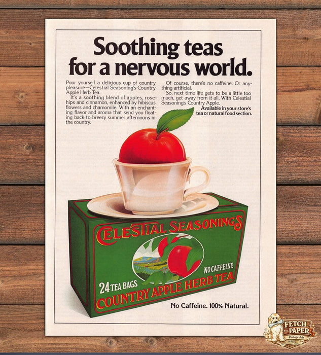 Celestial Seasonings Country Apple Herb Tea Soothing Nervous World Ad 1981 1980s