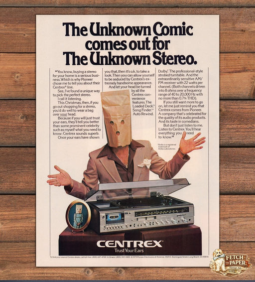 Centrex Pioneer Stereo Unknown Comic Paper Bag Turntable Print Ad 1979 1970s