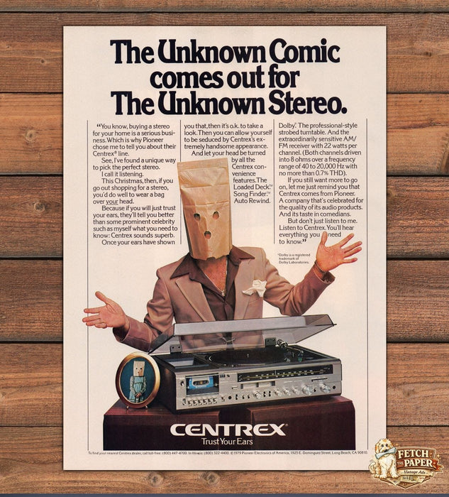 Centrex Pioneer Stereo Unknown Comic Paper Bag Turntable Print Ad 1979 1970s