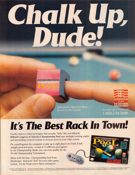 Championship Pool Super Nintendo Video Game 1990s Print Advertisement Ad 1993